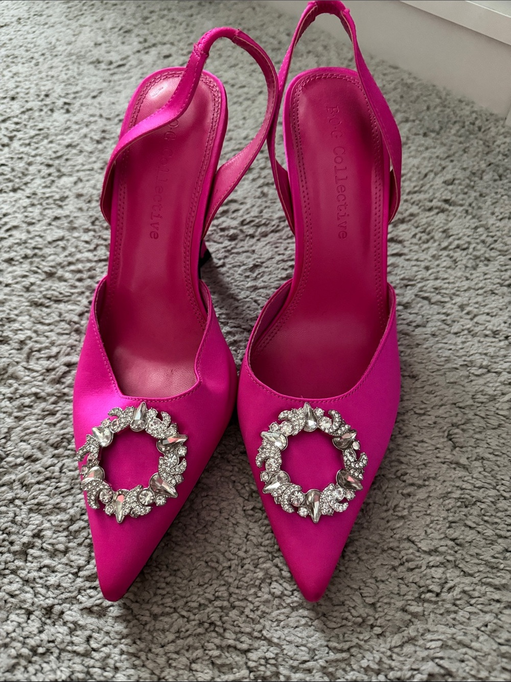 Kay Collective Hot Pink Pointed Slingback Heels with Crystal Wreath